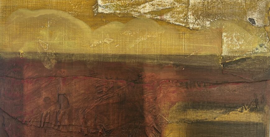Spring Bog V, acrylic, collage on birch panel, 25x30cm 2023